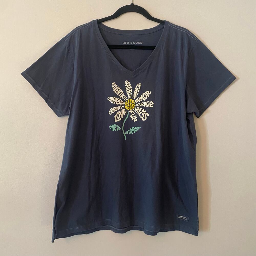 Life Is Good Navy Blue Short Sleeve Crusher Tee Daisy Flower Women's size XL
